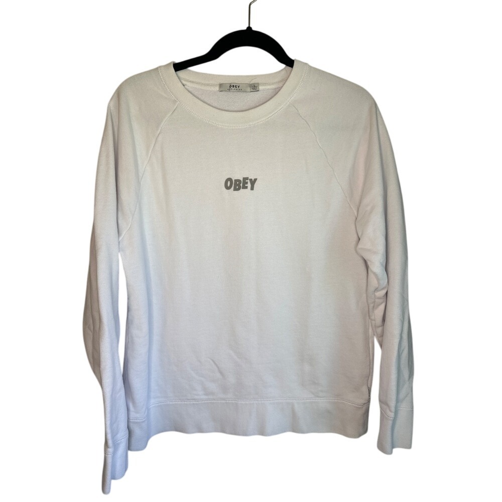 OBEY Worldwide Womens White Crewneck Sweatshirt Casual Logo Pullover L